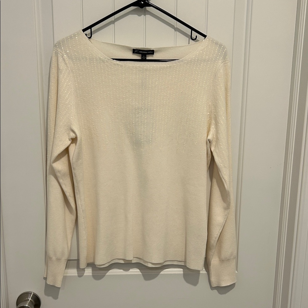 Adrianna Papell Cream Long Sleeve Sweater Large Sequins